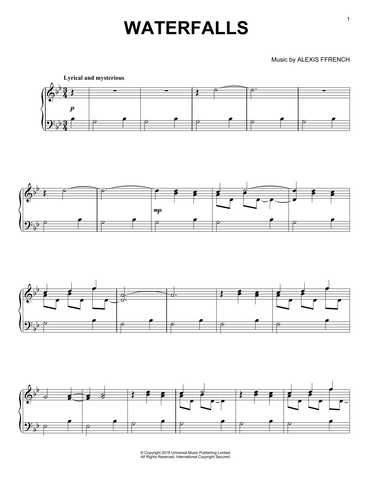 Download Alexis Ffrench Waterfalls Sheet Music and learn how to play Piano Solo PDF digital score in minutes