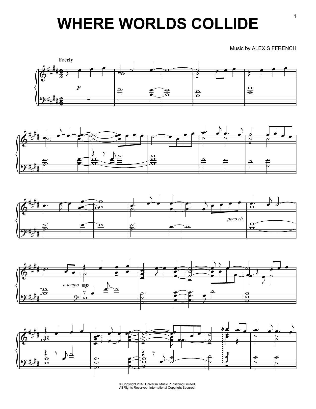 Download Alexis Ffrench Where Worlds Collide Sheet Music and learn how to play Piano Solo PDF digital score in minutes