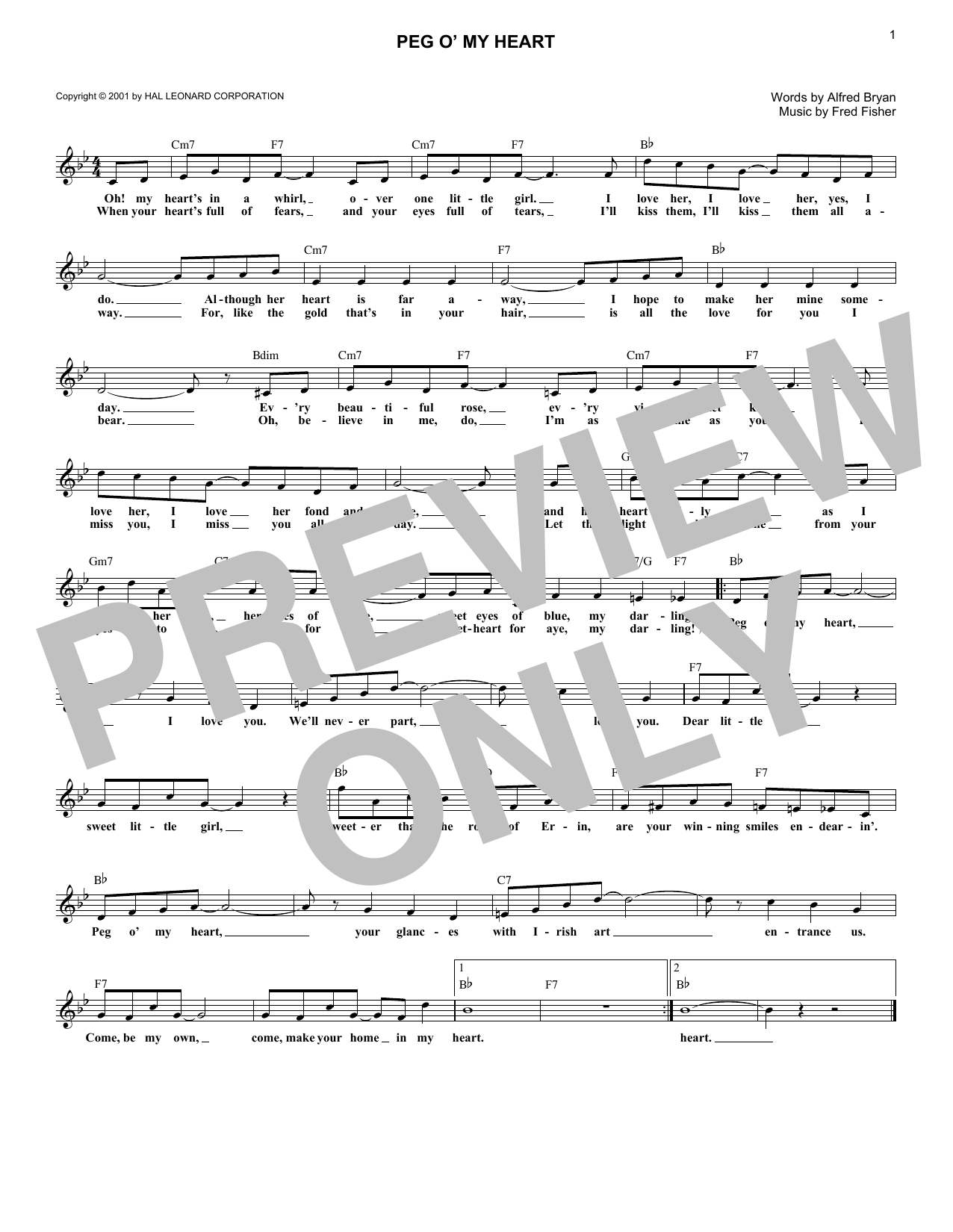 Download Alfred Bryan Peg O' My Heart Sheet Music and learn how to play Melody Line, Lyrics & Chords PDF digital score in minutes