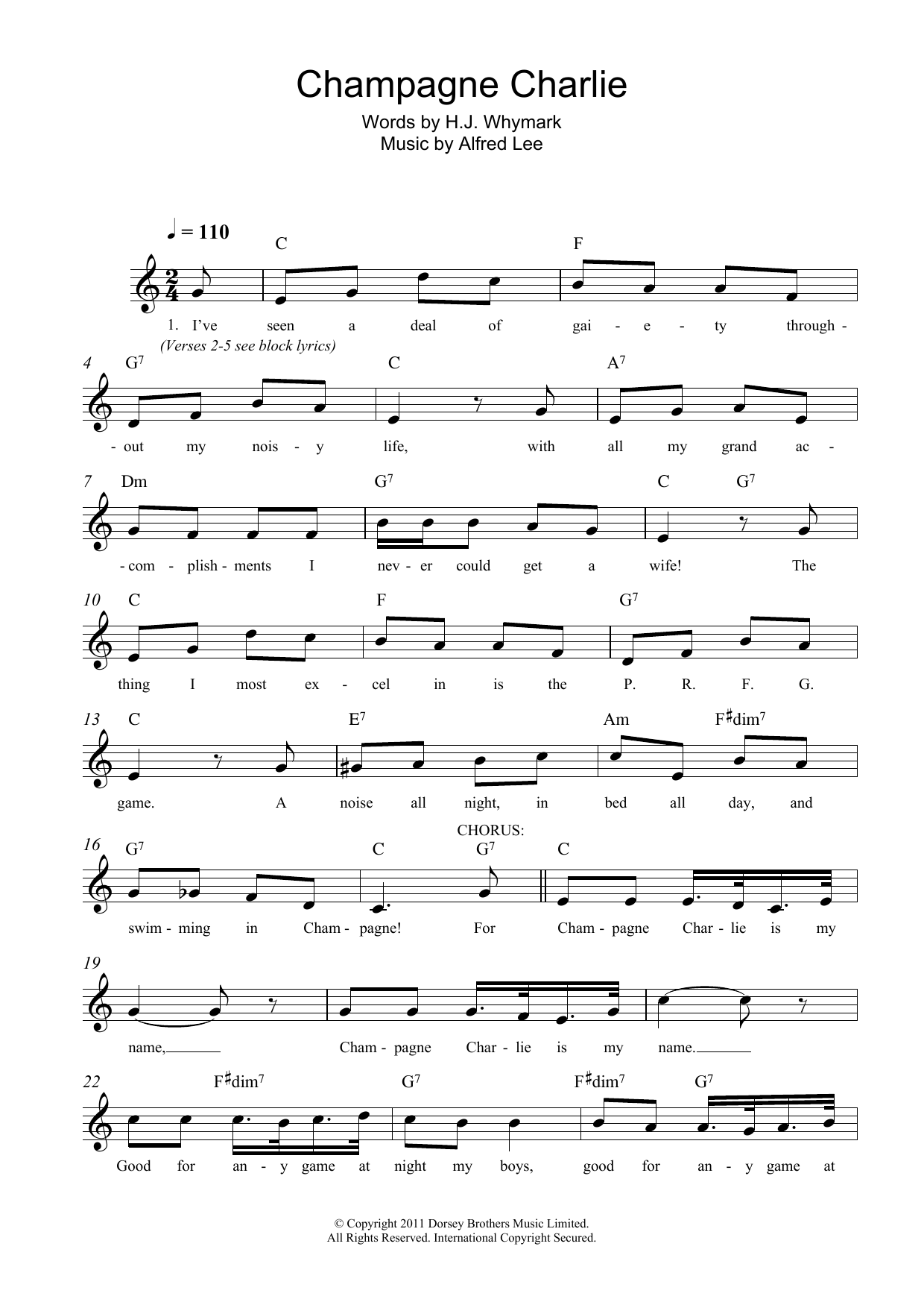 Download Alfred Lee Champagne Charlie Sheet Music and learn how to play Melody Line, Lyrics & Chords PDF digital score in minutes