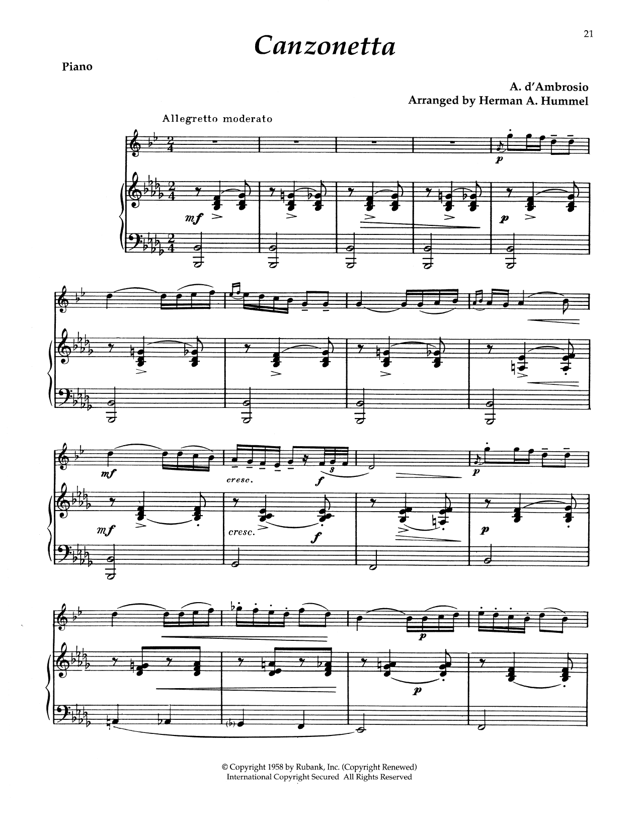 Download Alfredo d'Ambrosio Canzonetta No. 1, Op. 6 Sheet Music and learn how to play Alto Sax and Piano PDF digital score in minutes