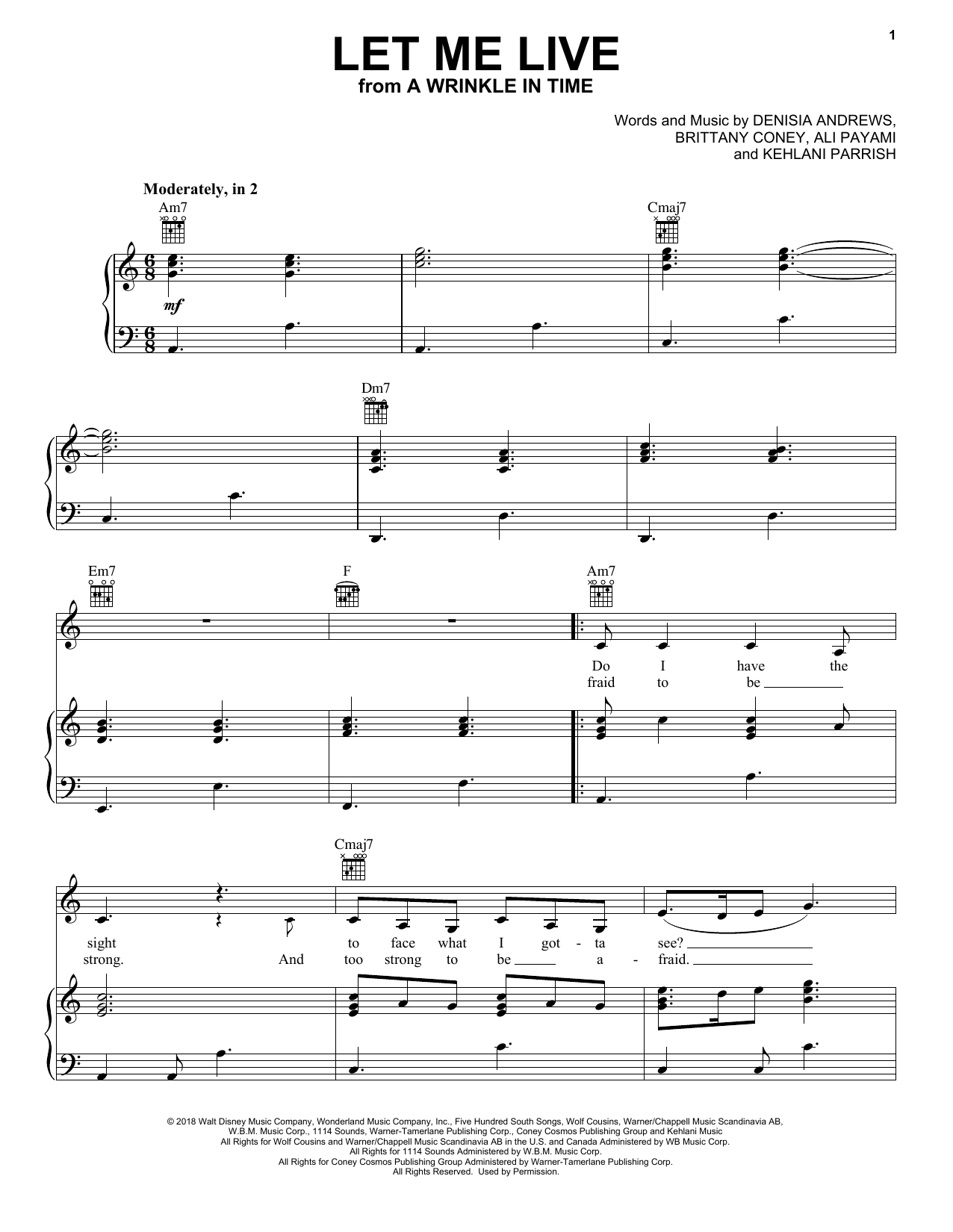 Download Ali Payami Let Me Live (from A Wrinkle In Time) Sheet Music and learn how to play Piano, Vocal & Guitar (Right-Hand Melody) PDF digital score in minutes