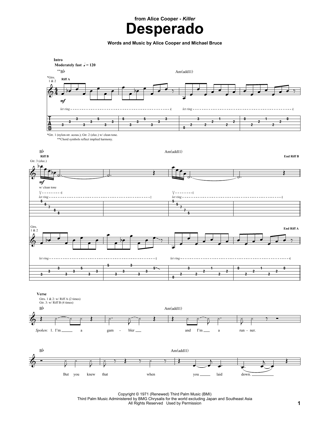 Download Alice Cooper Desperado Sheet Music and learn how to play Guitar Tab PDF digital score in minutes