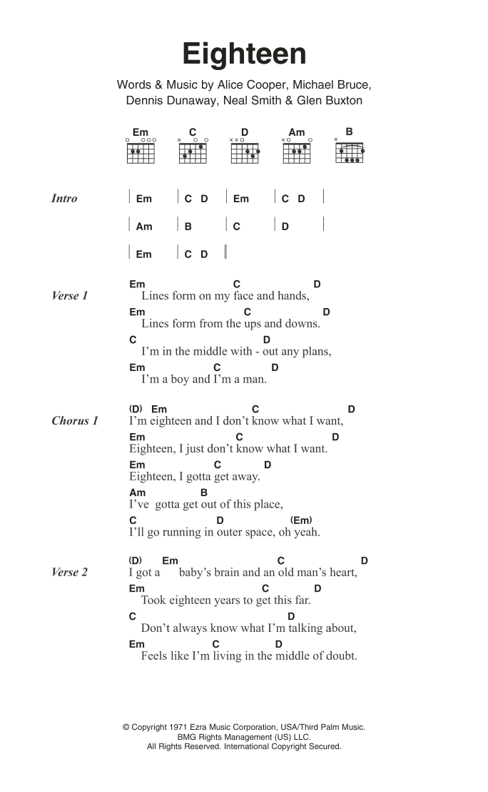 Download Alice Cooper Eighteen Sheet Music and learn how to play Lyrics & Chords PDF digital score in minutes