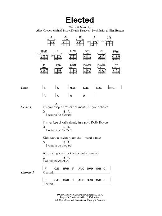 Download Alice Cooper Elected Sheet Music and learn how to play Lyrics & Chords PDF digital score in minutes