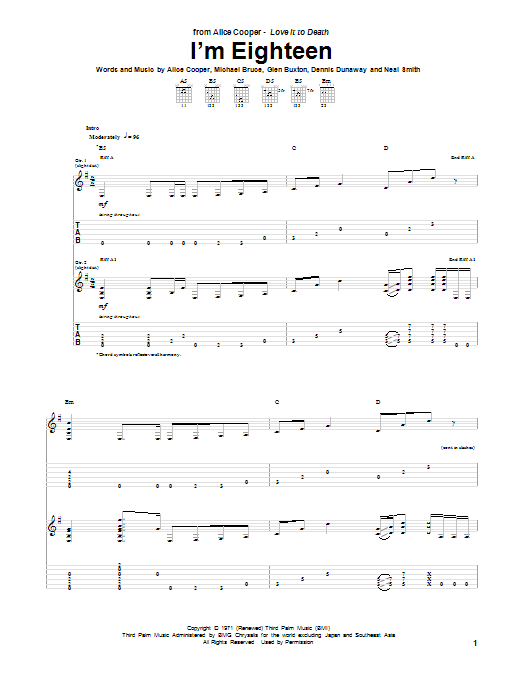 Download Alice Cooper I'm Eighteen Sheet Music and learn how to play Guitar Tab PDF digital score in minutes