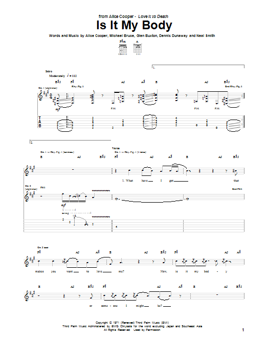 Download Alice Cooper Is It My Body Sheet Music and learn how to play Guitar Tab PDF digital score in minutes