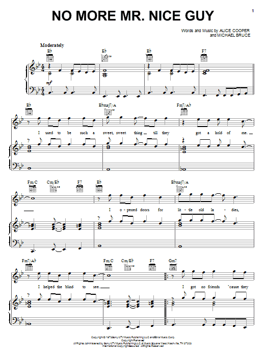 Download Alice Cooper No More Mr. Nice Guy Sheet Music and learn how to play Piano, Vocal & Guitar (Right-Hand Melody) PDF digital score in minutes