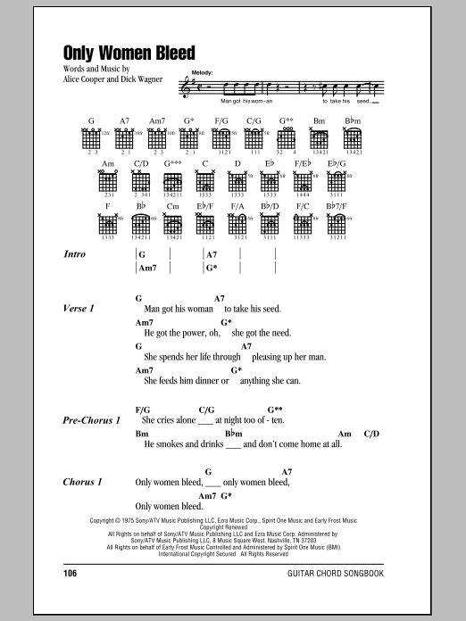Download Alice Cooper Only Women Bleed Sheet Music and learn how to play Lyrics & Chords PDF digital score in minutes