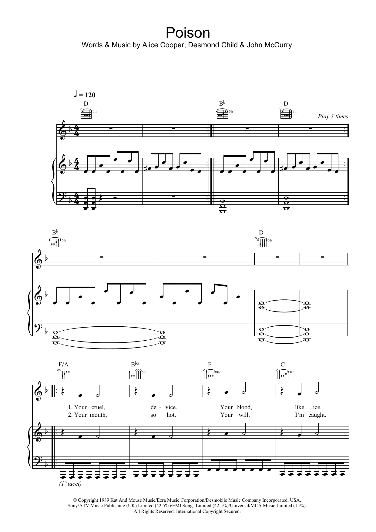 Download Alice Cooper Poison Sheet Music and learn how to play Piano, Vocal & Guitar (Right-Hand Melody) PDF digital score in minutes