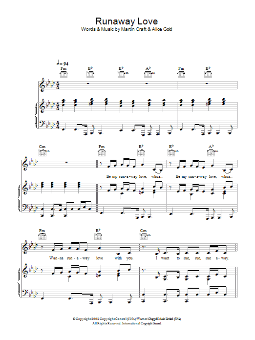 Download Alice Gold Runaway Love Sheet Music and learn how to play Piano, Vocal & Guitar (Right-Hand Melody) PDF digital score in minutes