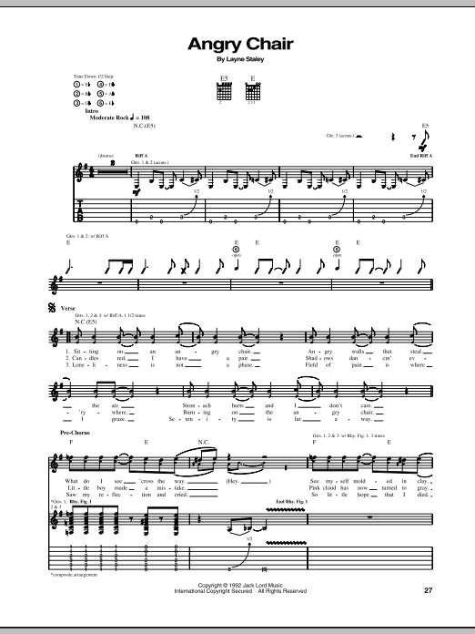 Download Alice In Chains Angry Chair Sheet Music and learn how to play Guitar Tab PDF digital score in minutes