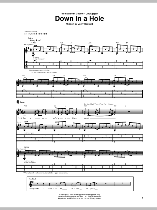 Download Alice In Chains Down In A Hole Sheet Music and learn how to play Guitar Tab PDF digital score in minutes