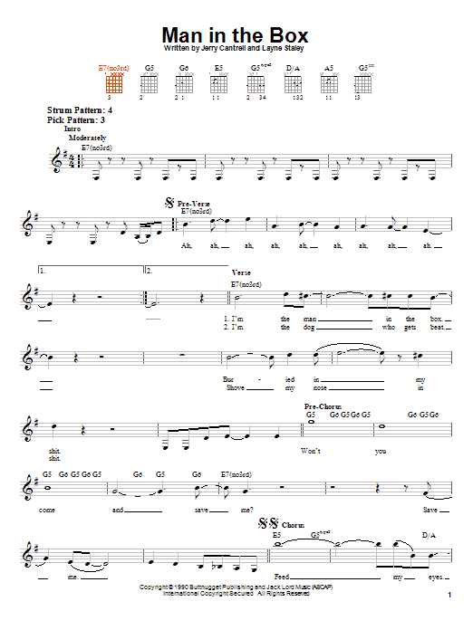 Download Alice In Chains Man In The Box Sheet Music and learn how to play Piano, Vocal & Guitar (Right-Hand Melody) PDF digital score in minutes