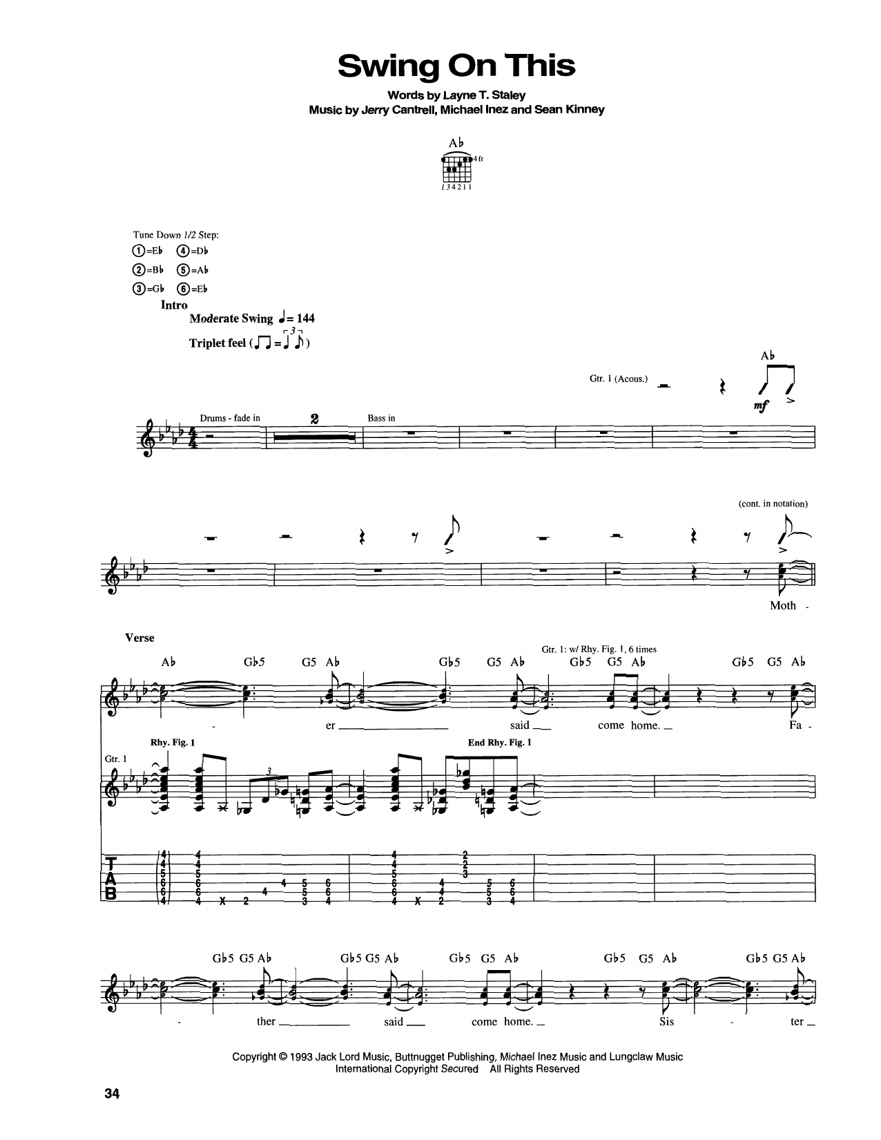Download Alice In Chains Swing On This Sheet Music and learn how to play Guitar Tab PDF digital score in minutes