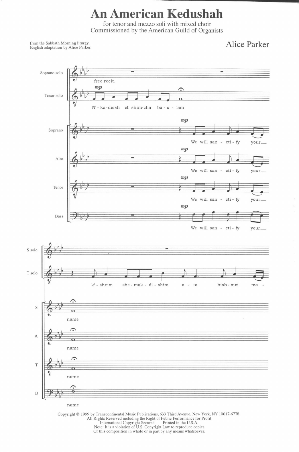 Download Alice Parker An American Kedushah Sheet Music and learn how to play SATB Choir PDF digital score in minutes