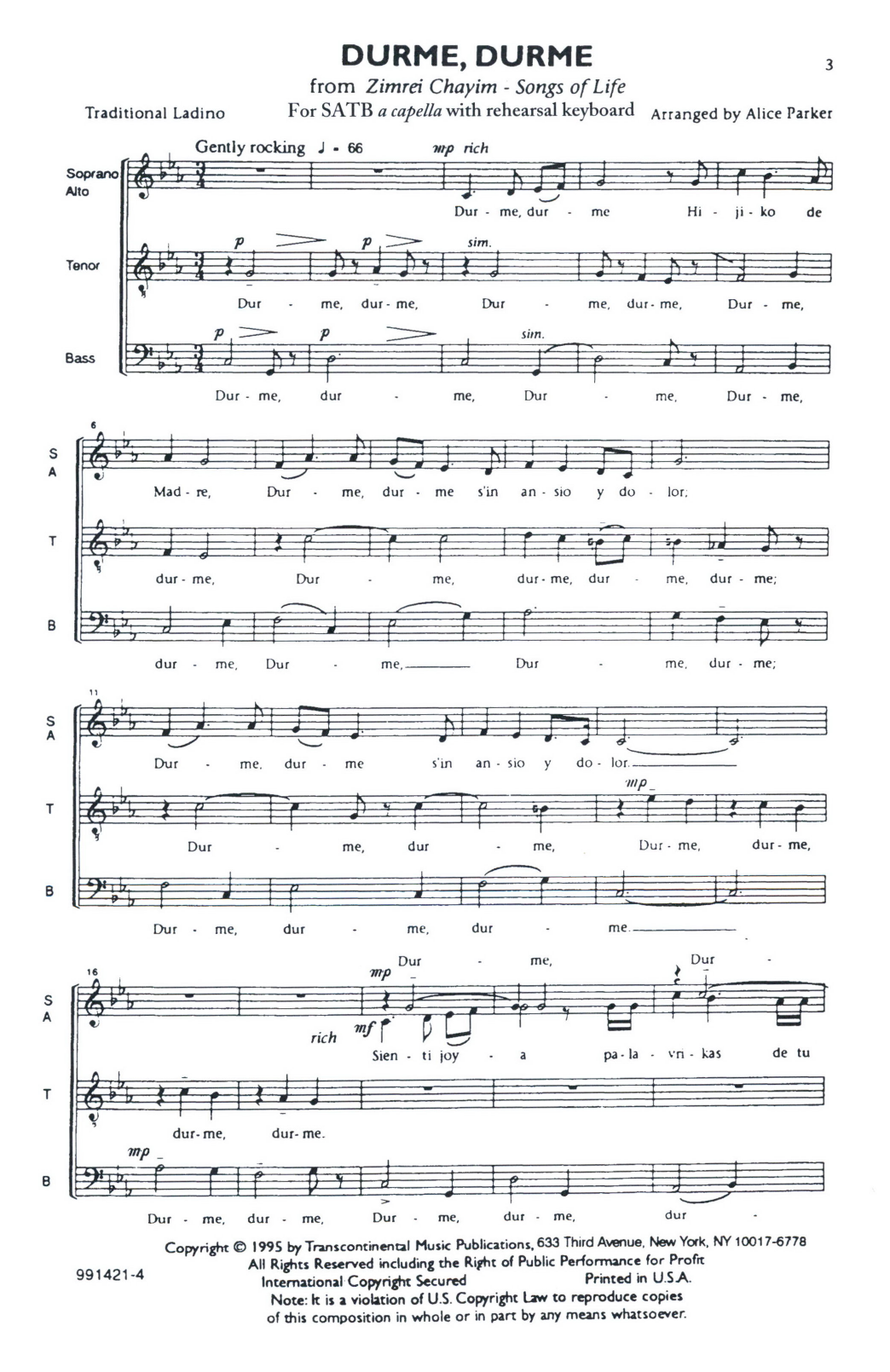 Download Alice Parker Durme, Durme (Sleep, Sleep) Sheet Music and learn how to play SSA Choir PDF digital score in minutes