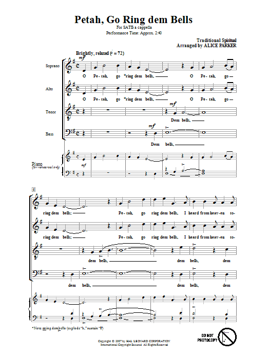 Download Traditional Spiritual Petah, Go Ring Dem Bells (arr. Alice Parker) Sheet Music and learn how to play SATB PDF digital score in minutes