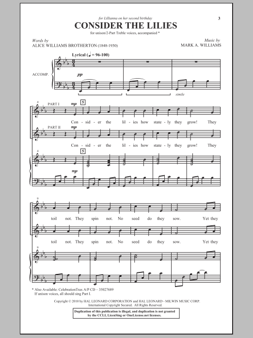 Download Alice Williams Brotherton Consider The Lilies Sheet Music and learn how to play 2-Part Choir PDF digital score in minutes