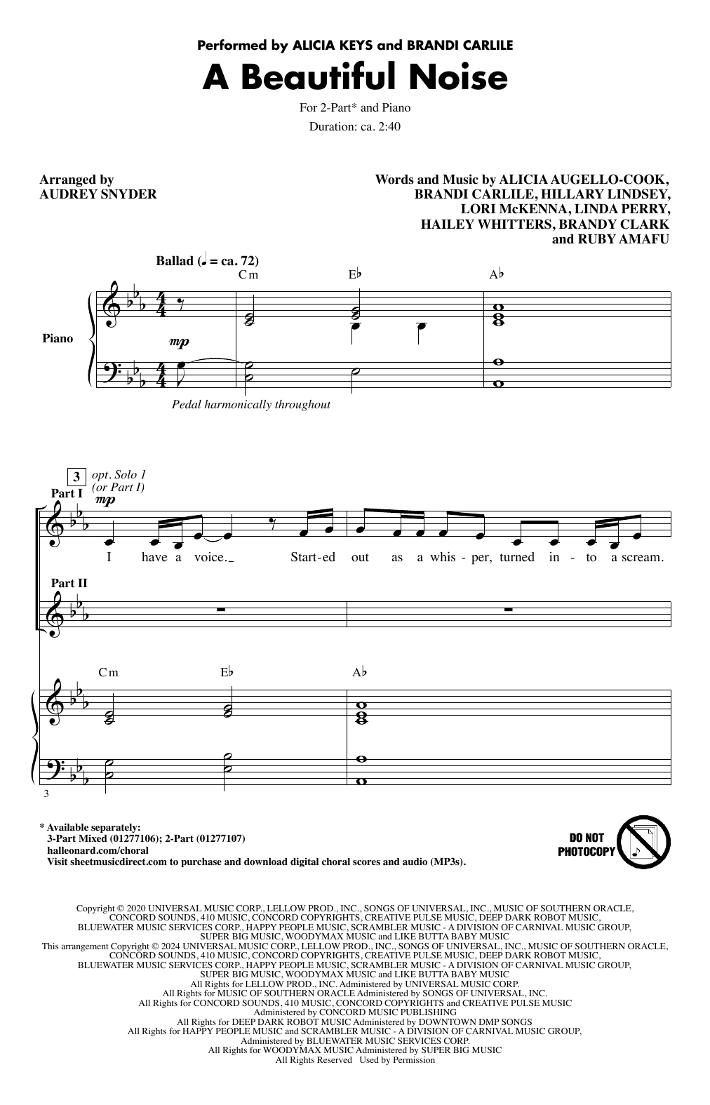 Download Alicia Keys & Brandi Carlile A Beautiful Noise (arr. Audrey Snyder) Sheet Music and learn how to play 2-Part Choir PDF digital score in minutes