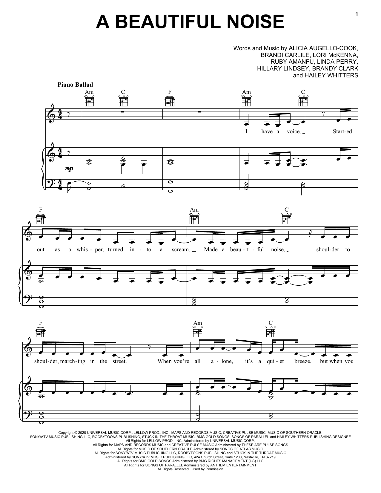 Download Alicia Keys & Brandi Carlile A Beautiful Noise Sheet Music and learn how to play Piano, Vocal & Guitar Chords (Right-Hand Melody) PDF digital score in minutes