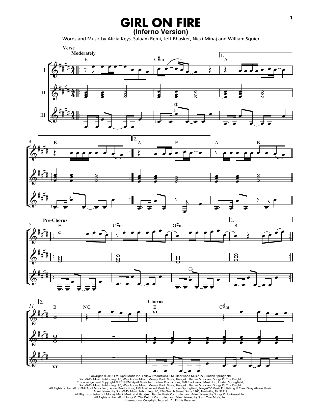 Download Alicia Keys & Nicki Minaj Girl On Fire (Inferno Version) Sheet Music and learn how to play Guitar Ensemble PDF digital score in minutes