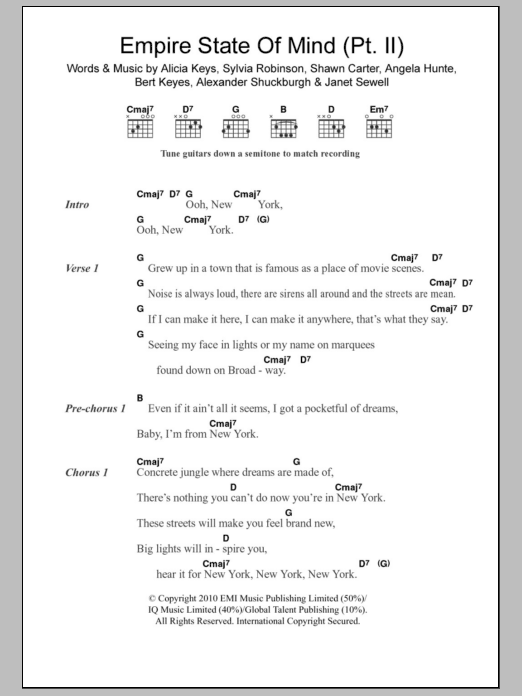 Download Alicia Keys Empire State Of Mind (Part II) Broken Down Sheet Music and learn how to play Lyrics & Chords PDF digital score in minutes