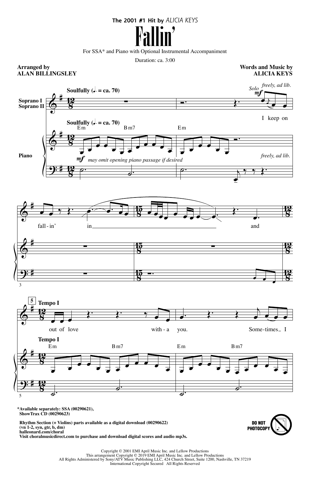 Download Alicia Keys Fallin' (arr. Alan Billingsley) Sheet Music and learn how to play SSA Choir PDF digital score in minutes