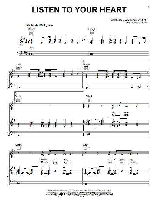 Download Alicia Keys Listen To Your Heart Sheet Music and learn how to play Piano, Vocal & Guitar (Right-Hand Melody) PDF digital score in minutes
