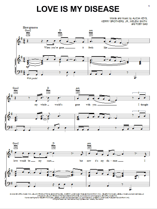 Download Alicia Keys Love Is My Disease Sheet Music and learn how to play Piano, Vocal & Guitar (Right-Hand Melody) PDF digital score in minutes