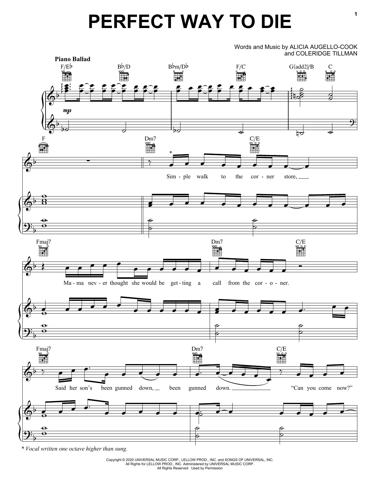 Download Alicia Keys Perfect Way To Die Sheet Music and learn how to play Piano, Vocal & Guitar Chords (Right-Hand Melody) PDF digital score in minutes