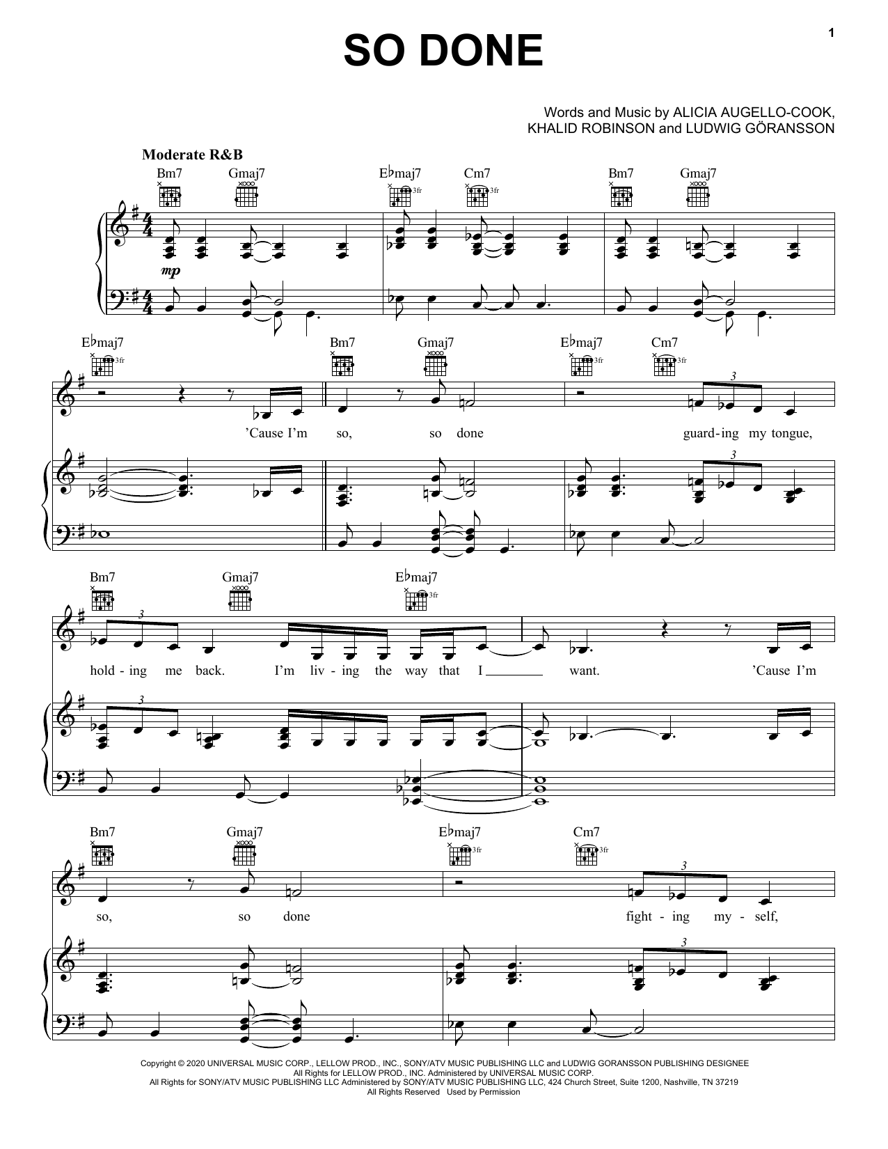 Download Alicia Keys So Done (feat. Khalid) Sheet Music and learn how to play Piano, Vocal & Guitar Chords (Right-Hand Melody) PDF digital score in minutes