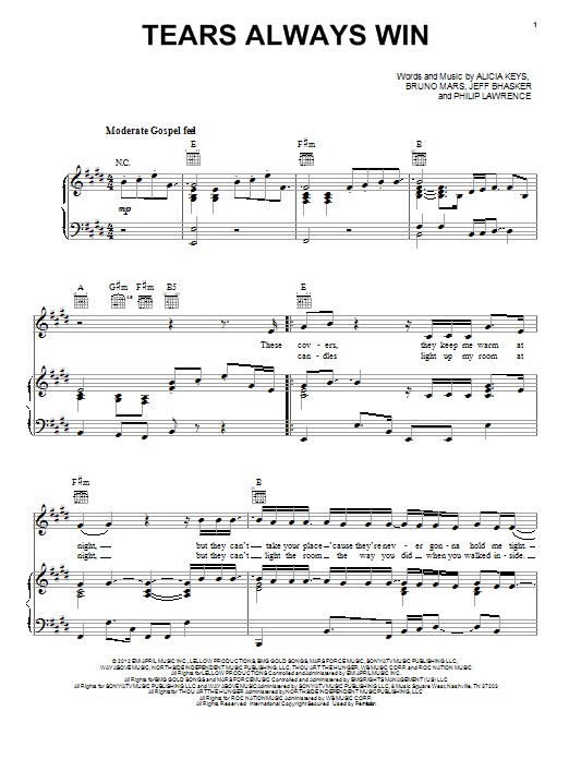 Download Alicia Keys Tears Always Win Sheet Music and learn how to play Piano, Vocal & Guitar (Right-Hand Melody) PDF digital score in minutes