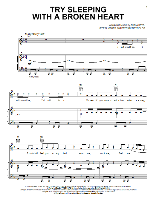 Download Alicia Keys Try Sleeping With A Broken Heart Sheet Music and learn how to play Piano, Vocal & Guitar (Right-Hand Melody) PDF digital score in minutes