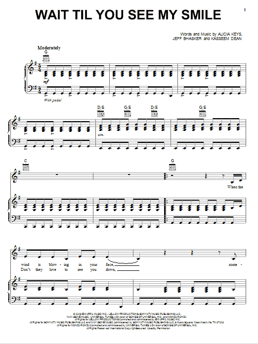 Download Alicia Keys Wait Til You See My Smile Sheet Music and learn how to play Piano, Vocal & Guitar (Right-Hand Melody) PDF digital score in minutes