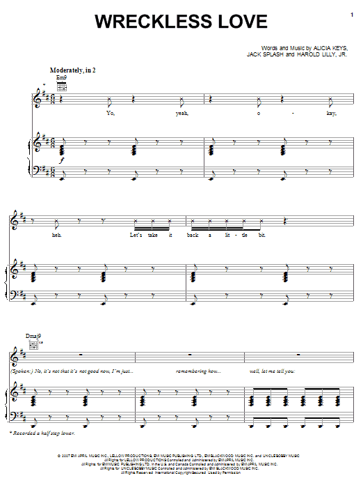 Download Alicia Keys Wreckless Love Sheet Music and learn how to play Piano, Vocal & Guitar (Right-Hand Melody) PDF digital score in minutes