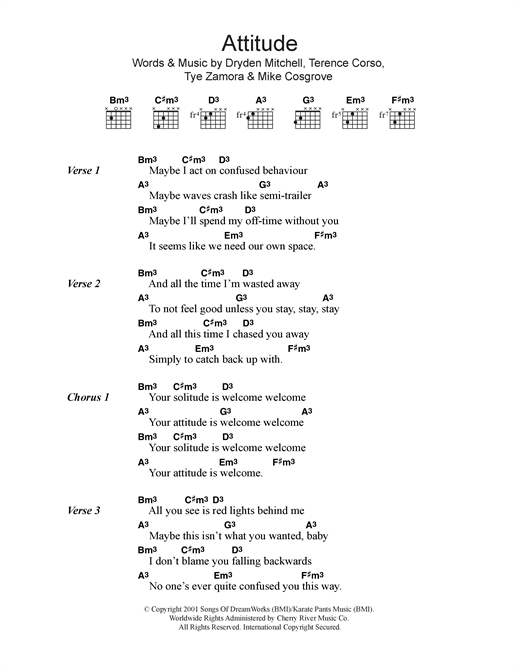 Download Alien Ant Farm Attitude Sheet Music and learn how to play Lyrics & Chords PDF digital score in minutes