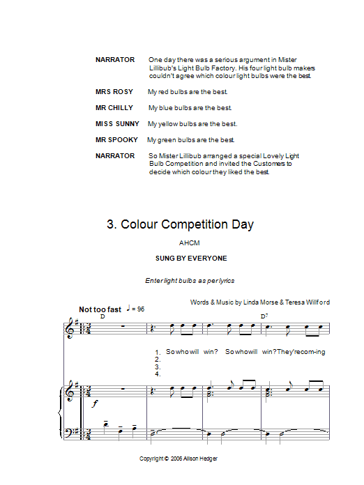 Download Alison Hedger Colour Competition Day (from Mister Lillibub's Lovely Light Bulbs) Sheet Music and learn how to play Piano, Vocal & Guitar Chords PDF digital score in minutes