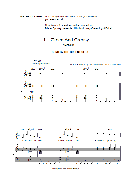 Download Alison Hedger Green And Greasy (from Mister Lillibub's Lovely Light Bulbs) Sheet Music and learn how to play Piano, Vocal & Guitar PDF digital score in minutes