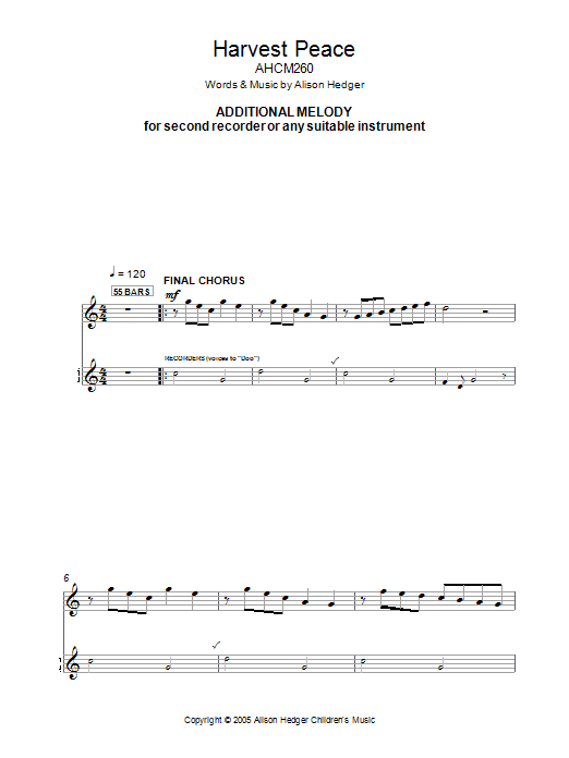 Download Alison Hedger Harvest Peace (Additional Melody Part) Sheet Music and learn how to play Melody Line, Lyrics & Chords PDF digital score in minutes
