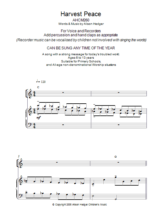 Download Alison Hedger Harvest Peace (Recorder Part) Sheet Music and learn how to play Melody Line, Lyrics & Chords PDF digital score in minutes