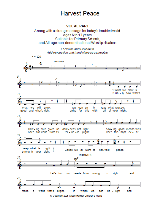 Download Alison Hedger Harvest Peace (Vocal Part) Sheet Music and learn how to play Melody Line, Lyrics & Chords PDF digital score in minutes