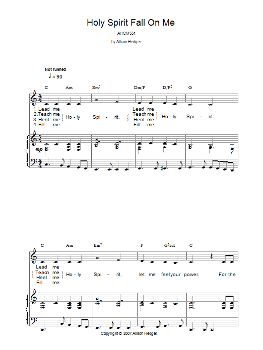 Download Alison Hedger Holy Spirit Fall On Me Sheet Music and learn how to play Piano, Vocal & Guitar (Right-Hand Melody) PDF digital score in minutes