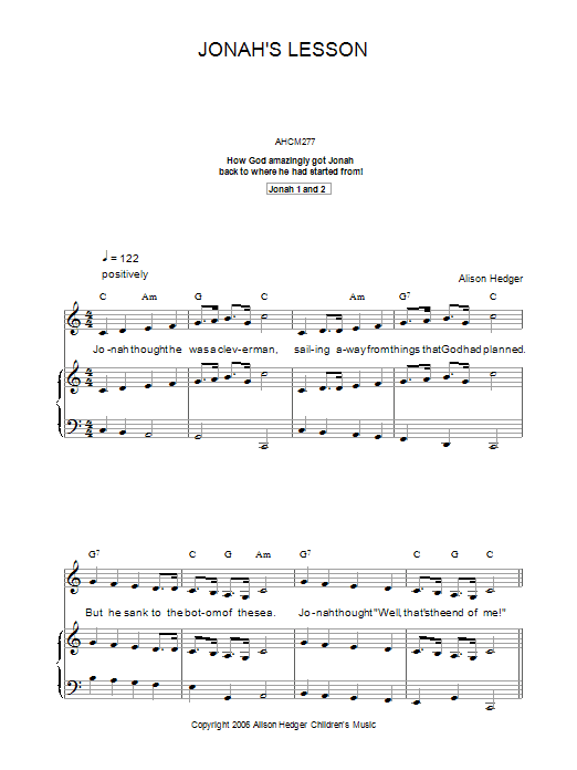 Download Alison Hedger Jonah's Lesson Sheet Music and learn how to play Piano, Vocal & Guitar PDF digital score in minutes