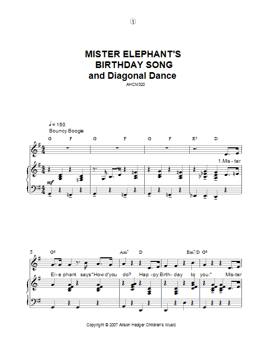 Download Alison Hedger Mister Elephant's Birthday Song And Diagonal Dance Sheet Music and learn how to play Piano, Vocal & Guitar PDF digital score in minutes