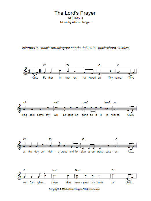 Download Alison Hedger The Lord's Prayer Sheet Music and learn how to play Piano, Vocal & Guitar (Right-Hand Melody) PDF digital score in minutes