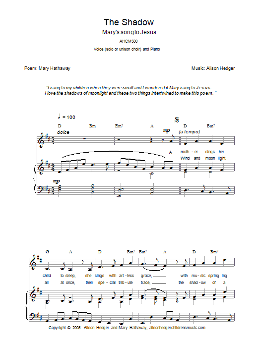 Download Alison Hedger The Shadow Sheet Music and learn how to play Melody Line, Lyrics & Chords PDF digital score in minutes