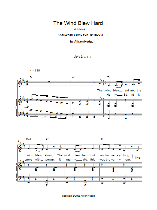 Download Alison Hedger The Wind Blew Hard Sheet Music and learn how to play Piano, Vocal & Guitar PDF digital score in minutes
