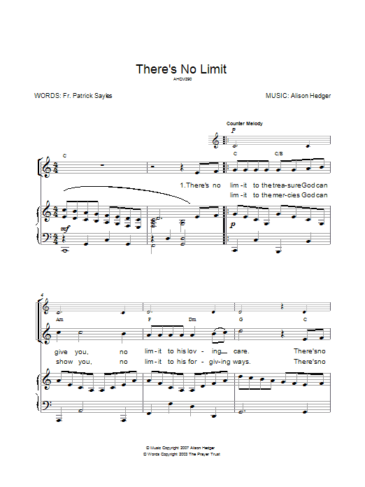 Download Alison Hedger There's No Limit Sheet Music and learn how to play Piano, Vocal & Guitar PDF digital score in minutes
