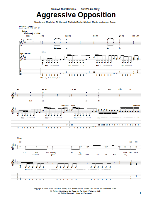 Download All That Remains Aggressive Opposition Sheet Music and learn how to play Guitar Tab PDF digital score in minutes